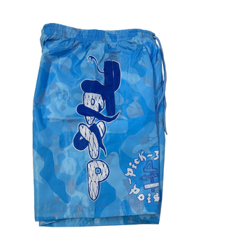 Blue drawstring bag with white text on a beige surface